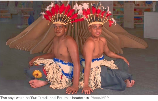 Two Rotuman boys with traditional headdresses
